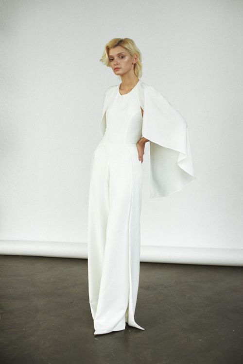 Modern bridal jumpsuit Minimalist off white wedding pantsuit cape Bridal trousers jumpsuit Ivory Crepe bridal jumpsuit Prom jumpsuit SIENNA by Reev Bridal