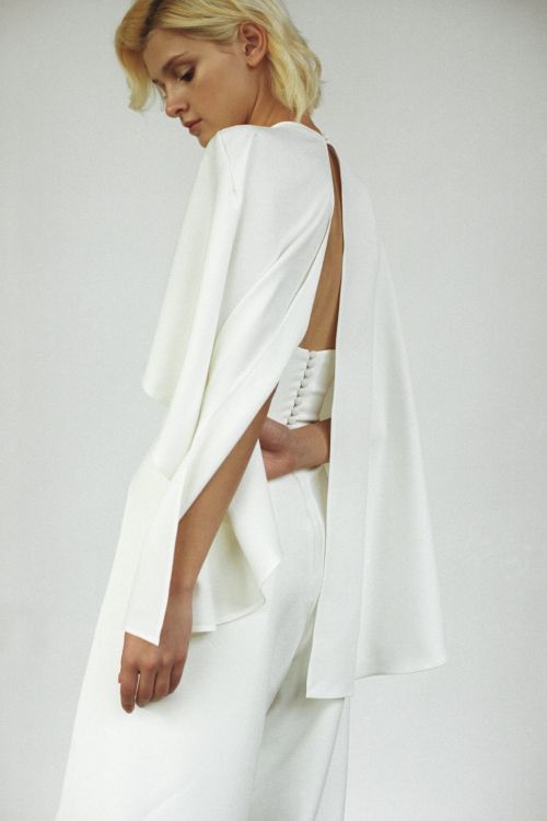 Modern bridal jumpsuit Minimalist off white wedding pantsuit cape Bridal trousers jumpsuit Ivory Crepe bridal jumpsuit Prom jumpsuit SIENNA by Reev Bridal