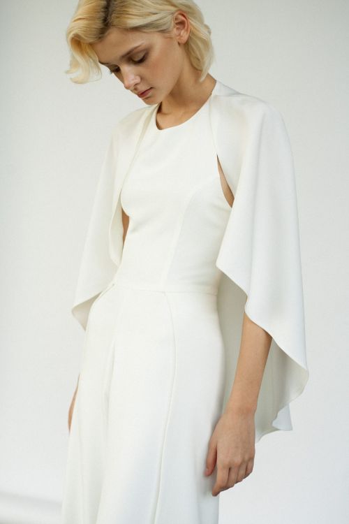 Modern bridal jumpsuit Minimalist off white wedding pantsuit cape Bridal trousers jumpsuit Ivory Crepe bridal jumpsuit Prom jumpsuit SIENNA by Reev Bridal